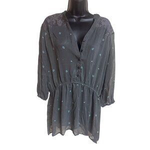 Mossimo Womens Gray Sheer Long Sleeve Tunic With Lace & Patterned Detail Size XL